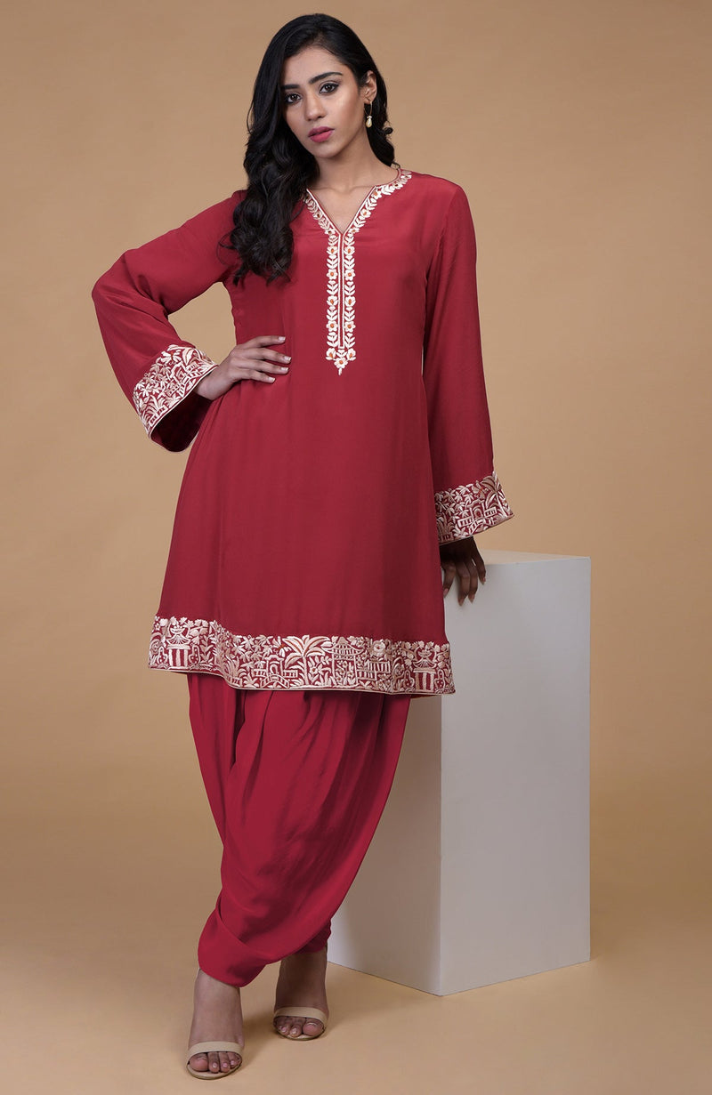 Shiraz Red Parsi Gara Embroidered Kurta Set