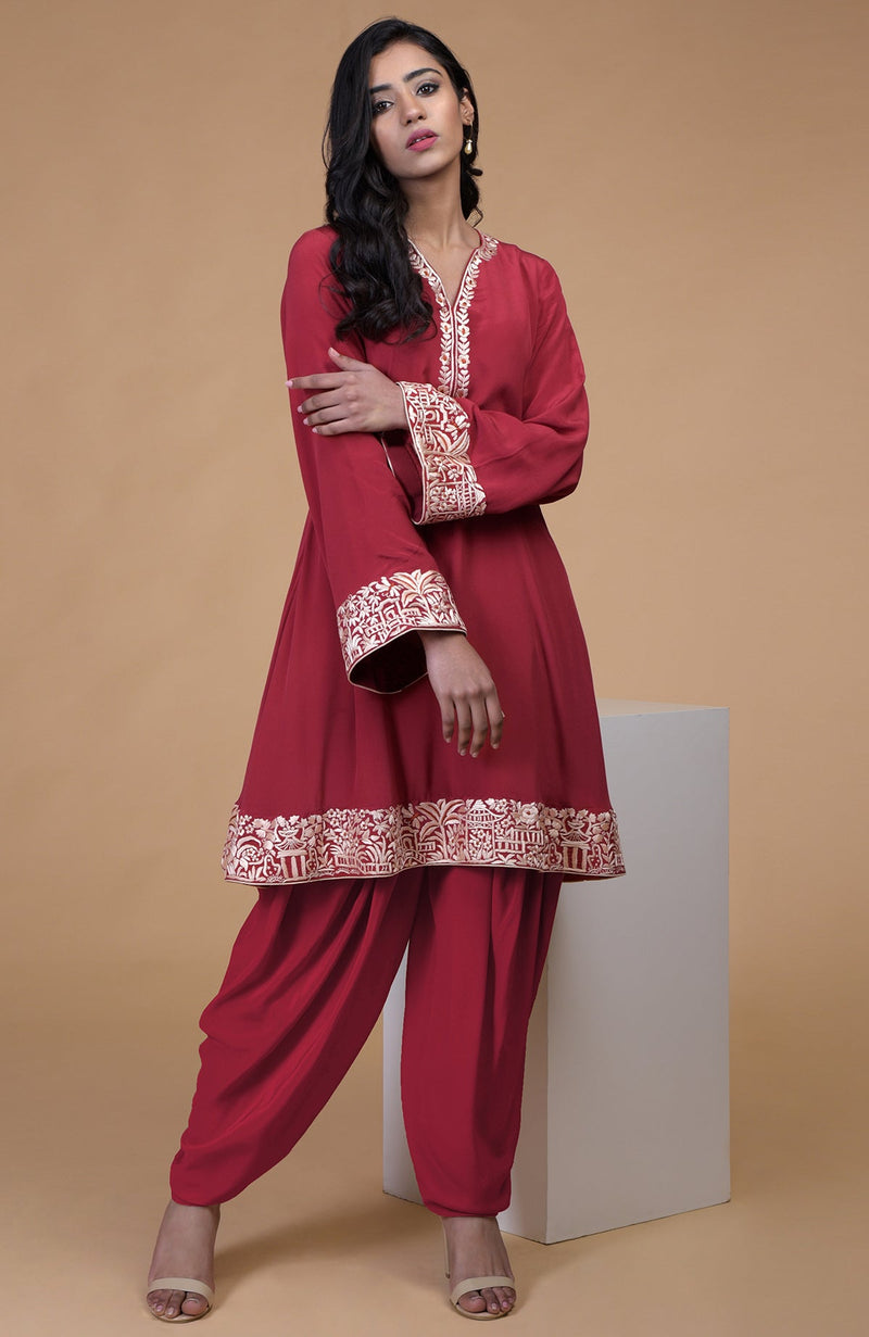 Shiraz Red Parsi Gara Embroidered Kurta Set