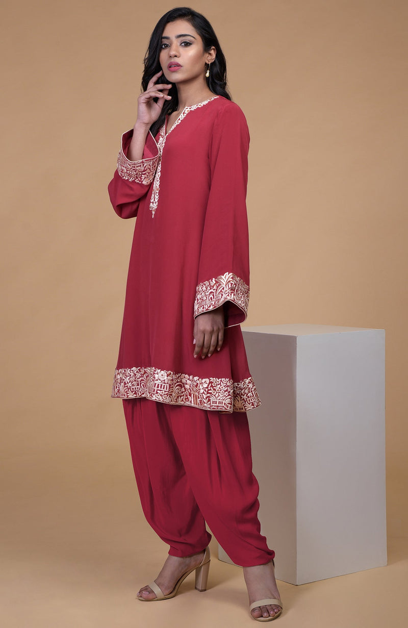 Shiraz Red Parsi Gara Embroidered Kurta Set