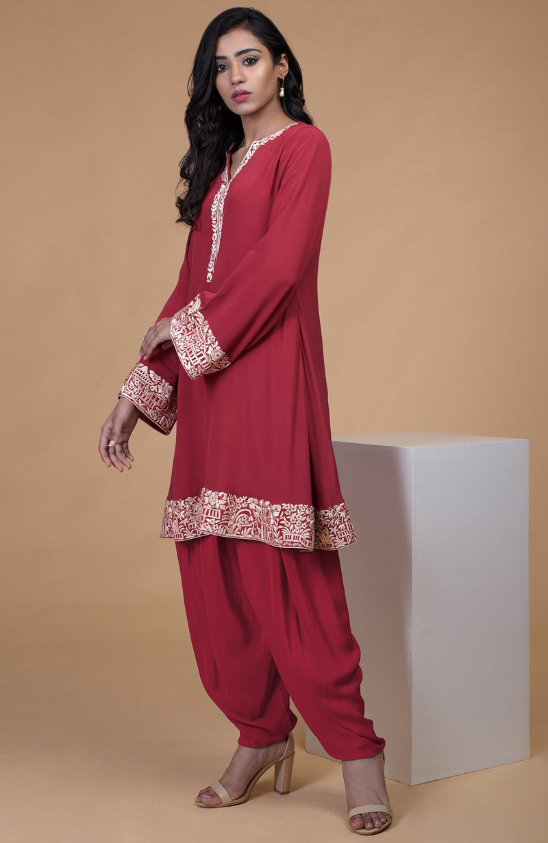 Shiraz Red Parsi Gara Embroidered Kurta Set