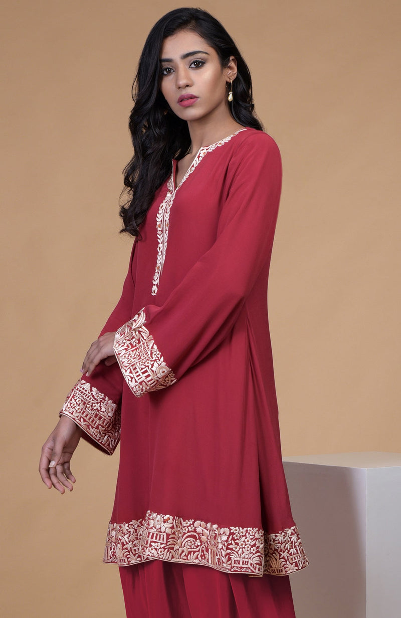 Shiraz Red Parsi Gara Embroidered Kurta Set