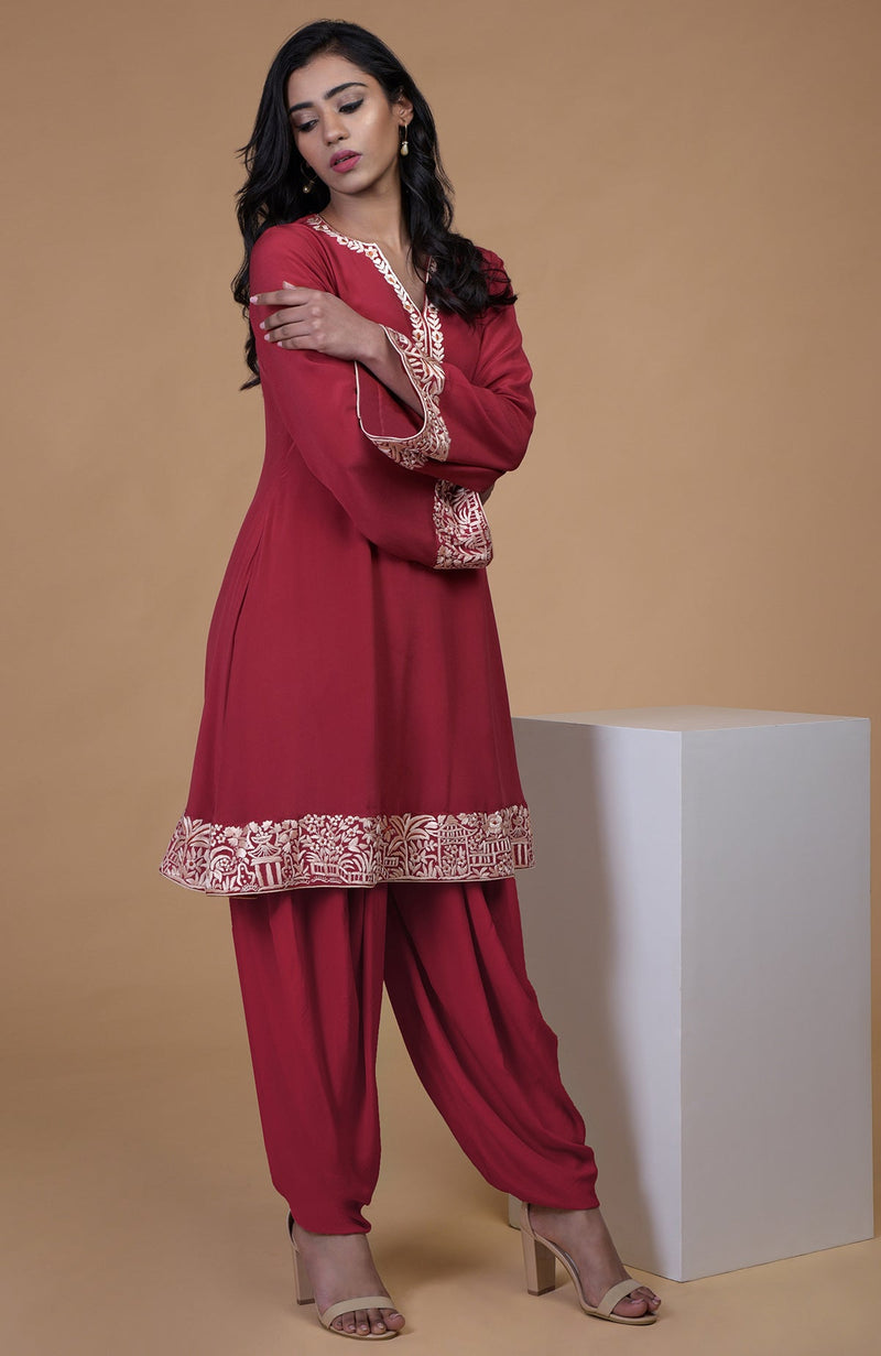 Shiraz Red Parsi Gara Embroidered Kurta Set