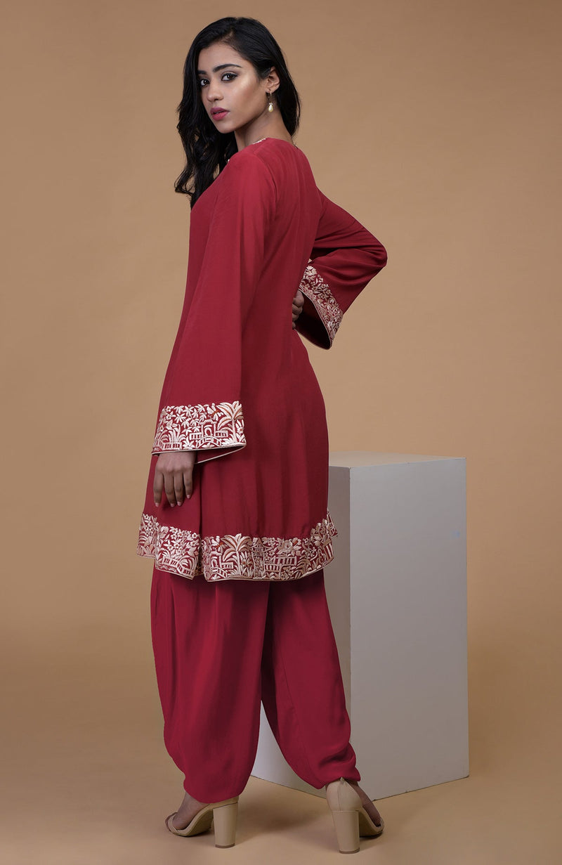 Shiraz Red Parsi Gara Embroidered Kurta Set