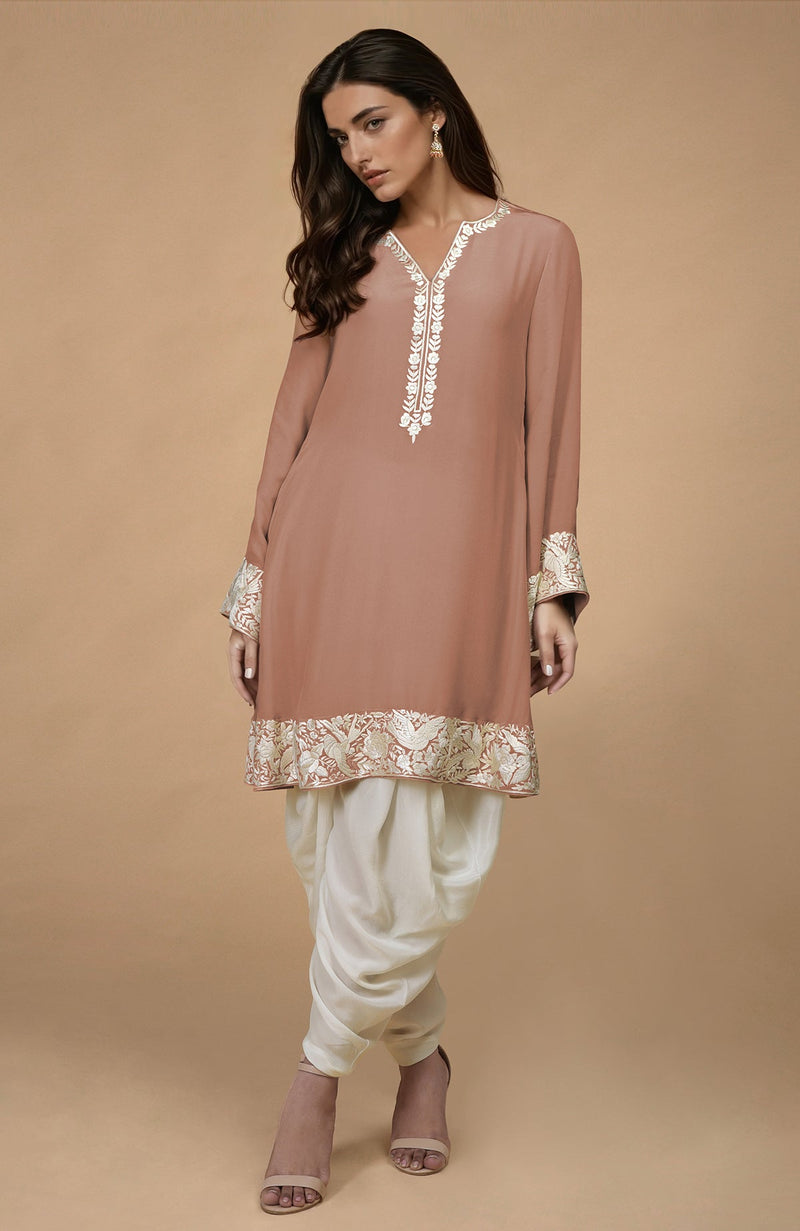 Mocha Mousse  Parsi Gara Embroidered Kurta Set