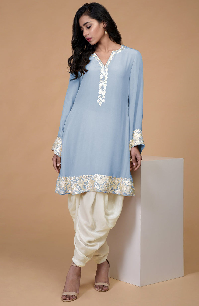 Fawn Ivory Parsi Gara Embroidered Kurta Set