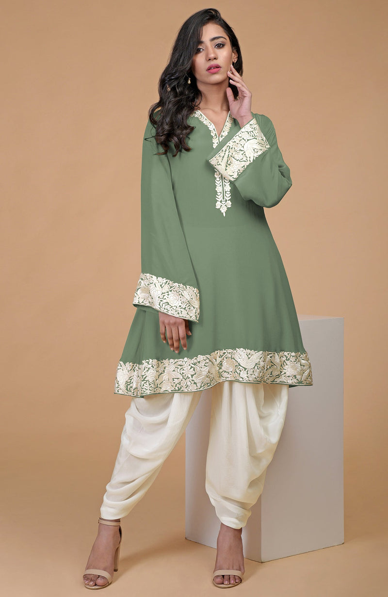 Fawn Ivory Parsi Gara Embroidered Kurta Set