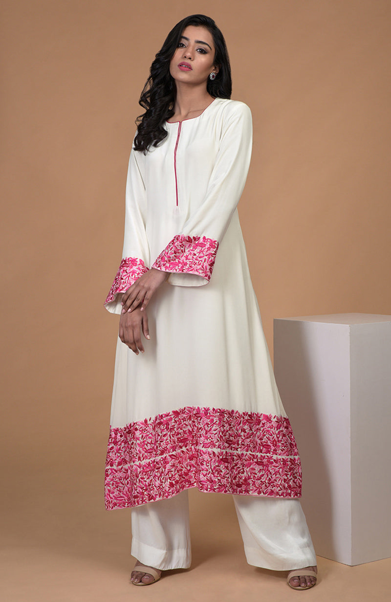 Ivory Pink Parsi Gara & Beads Embroidered Kurta Set