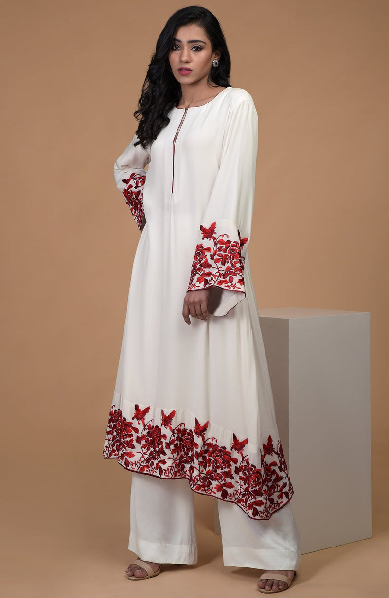 Ivory Red Parsi Gara Embroidered Kurta Set