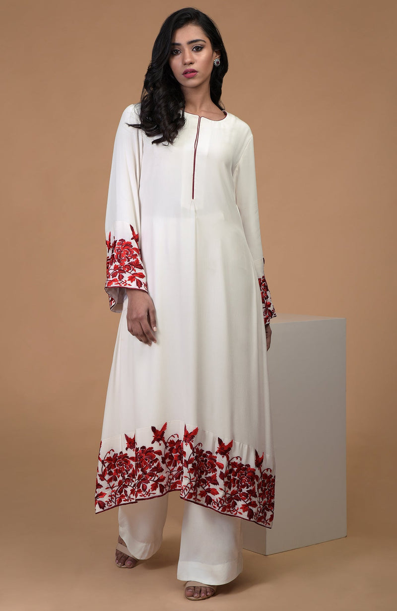 Ivory Red Parsi Gara Embroidered Kurta Set