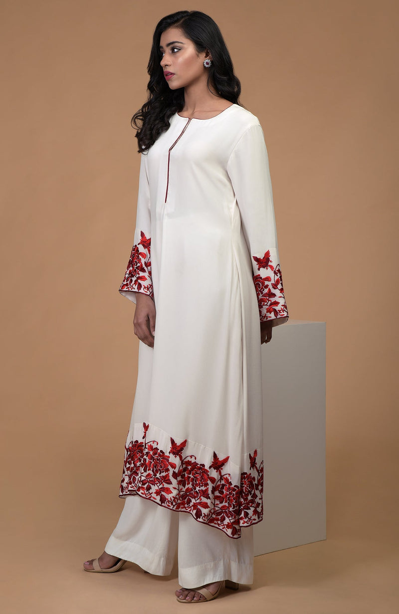 Ivory Red Parsi Gara Embroidered Kurta Set