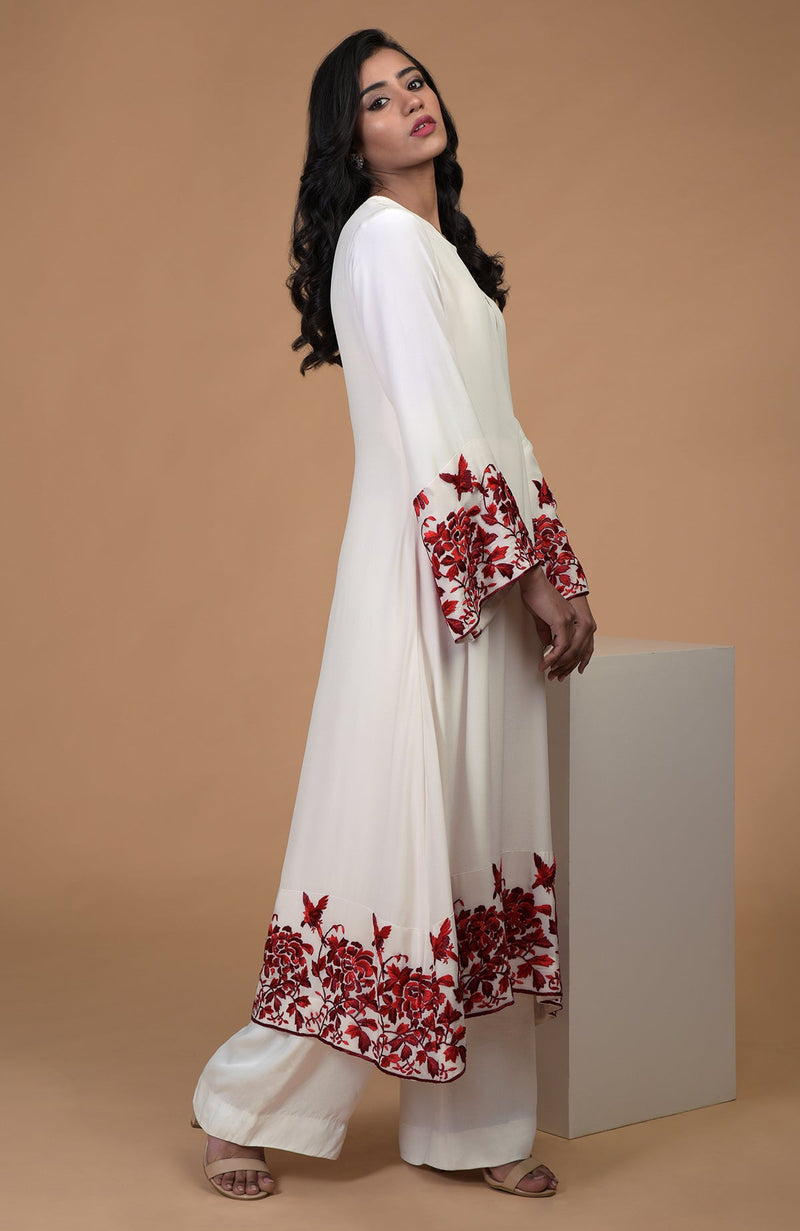 Ivory Red Parsi Gara Embroidered Kurta Set