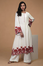 Ivory Red Parsi Gara Embroidered Kurta Set