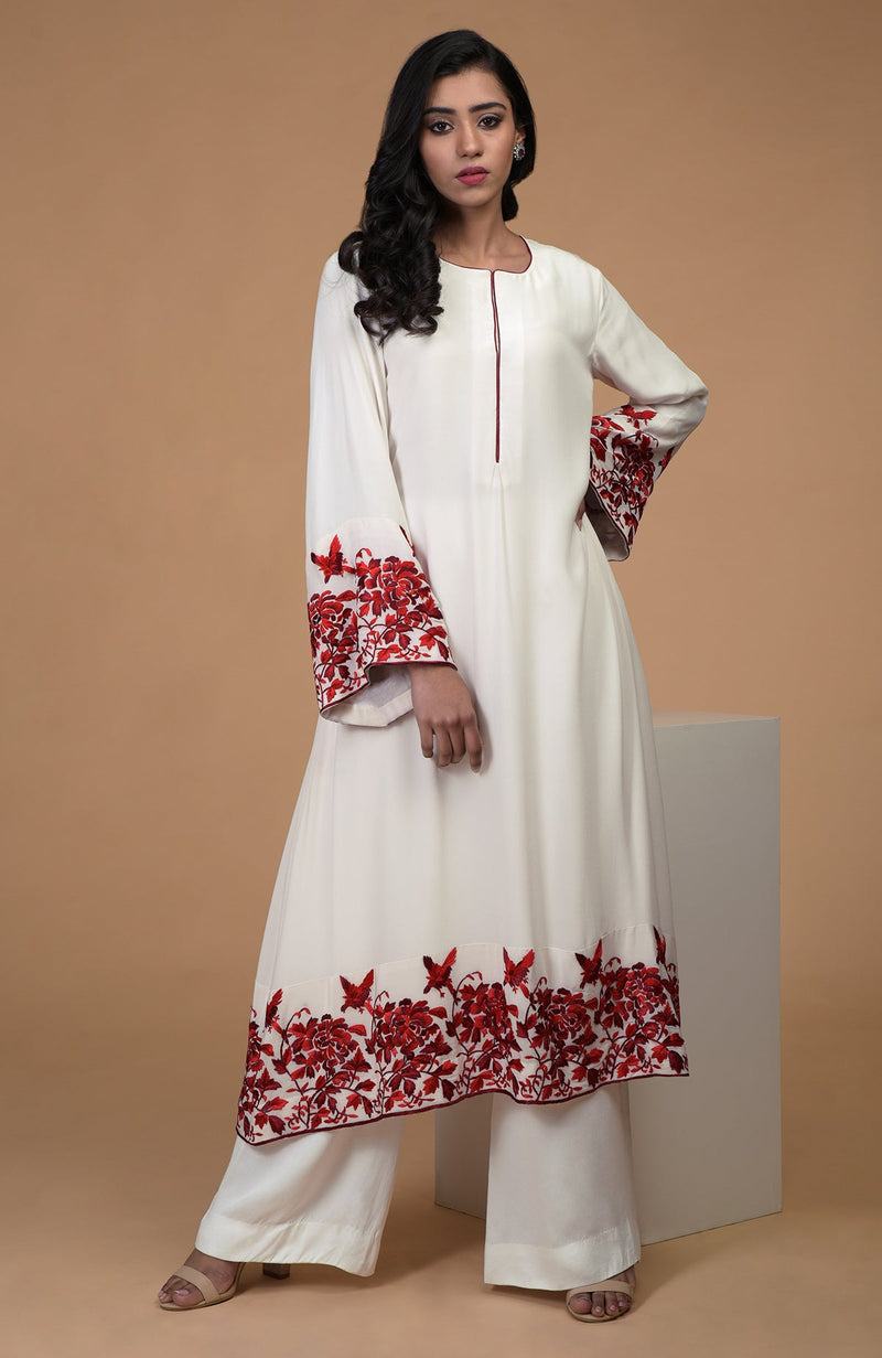 Ivory Red Parsi Gara Embroidered Kurta Set