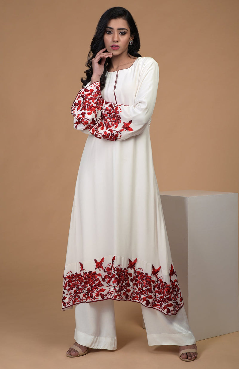 Ivory Red Parsi Gara Embroidered Kurta Set