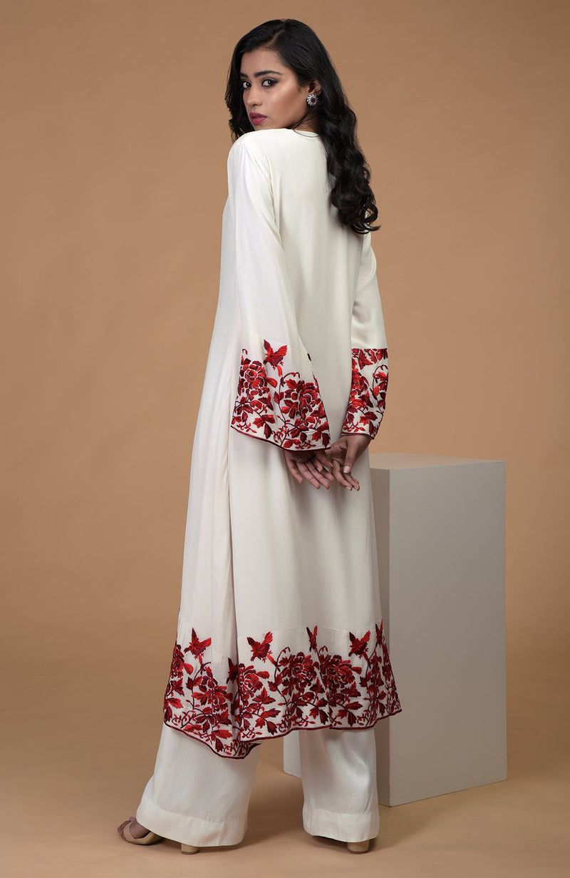 Ivory Red Parsi Gara Embroidered Kurta Set
