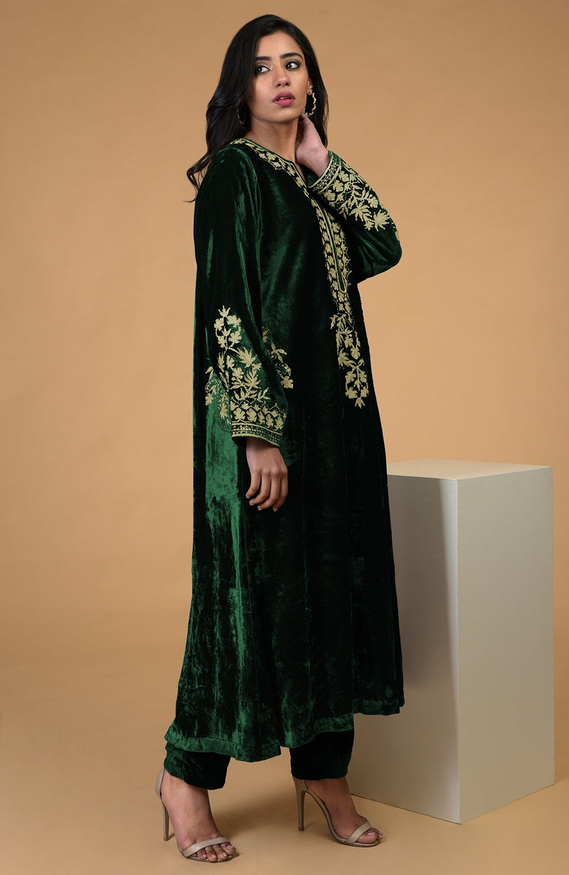 Emerald Green Kashmiri Tilla Aari Embroidered Choga Kurta Set