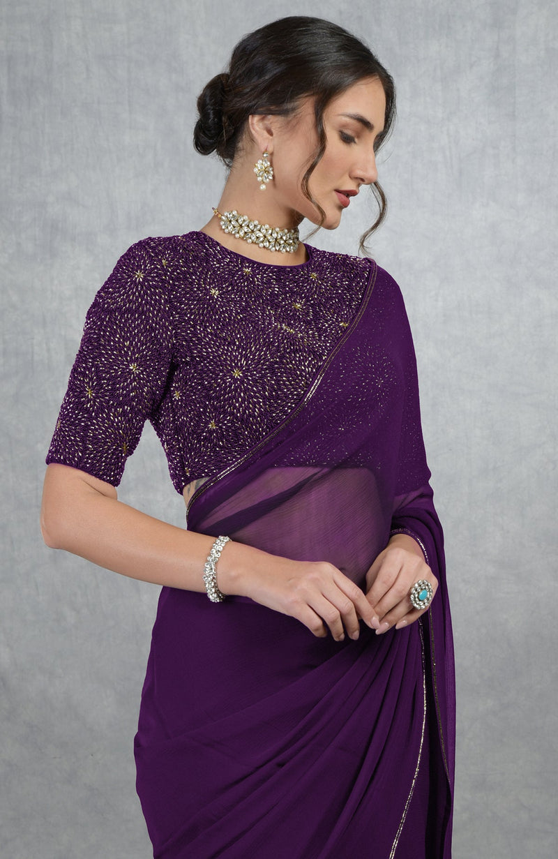 Plum Purple Gold Hand Embroidered Saree & Blouse