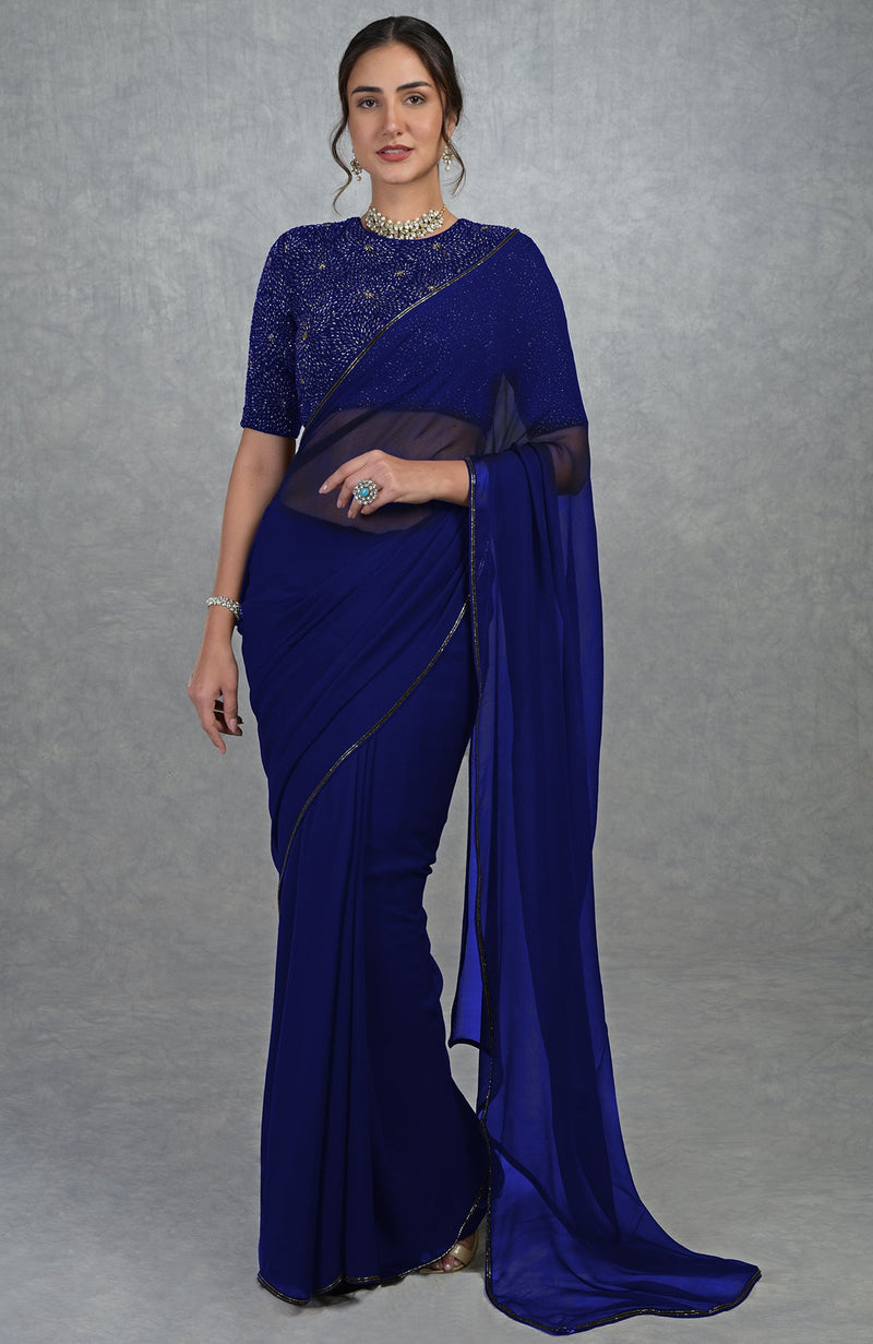 Plum Purple Gold Hand Embroidered Saree & Blouse