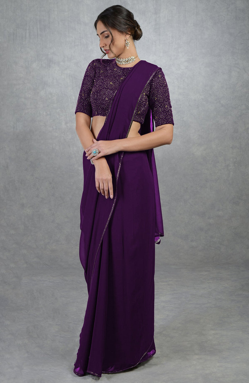 Plum Purple Gold Hand Embroidered Saree & Blouse