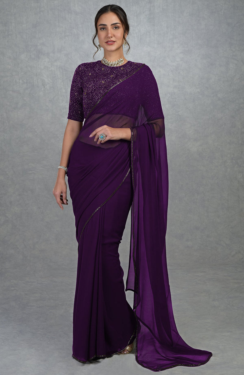 Plum Purple Gold Hand Embroidered Saree & Blouse