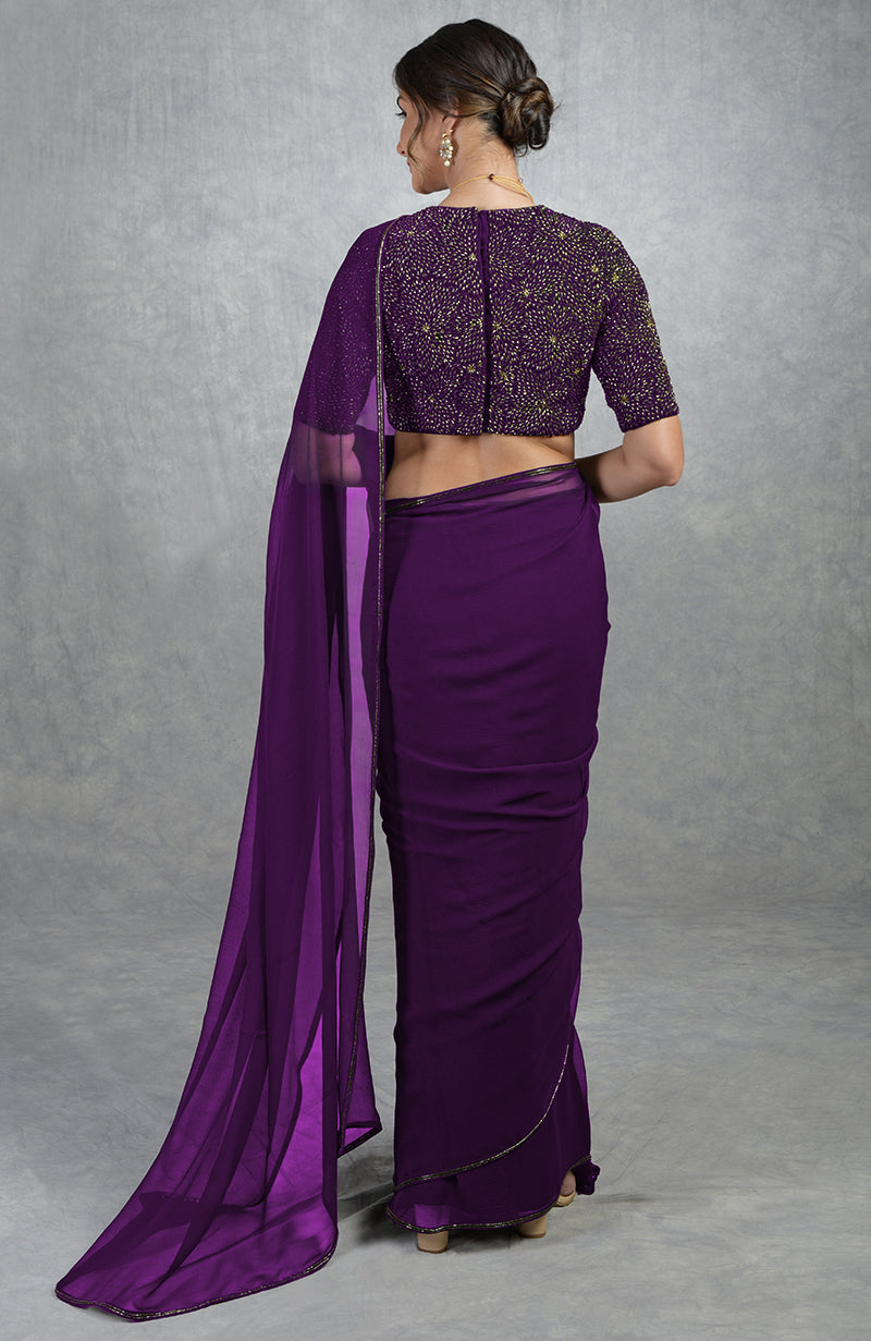 Plum Purple Gold Hand Embroidered Saree & Blouse