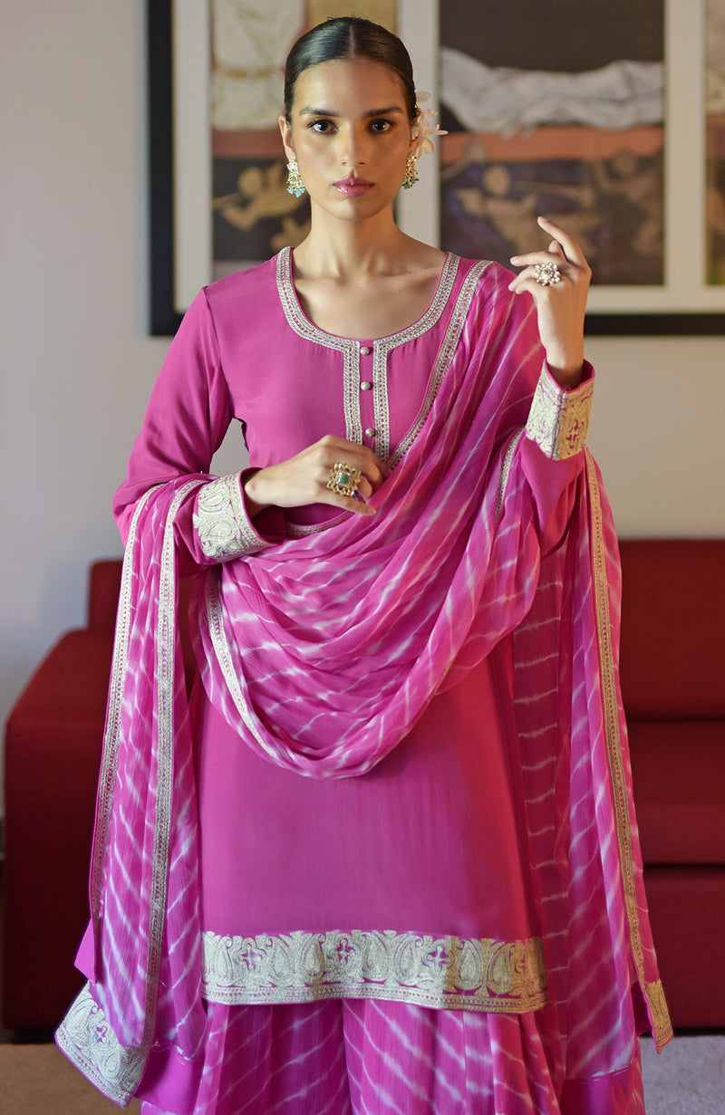 Pink Leheriya Handcrafted Tie Dye & Kashmiri Tilla Sharara Set