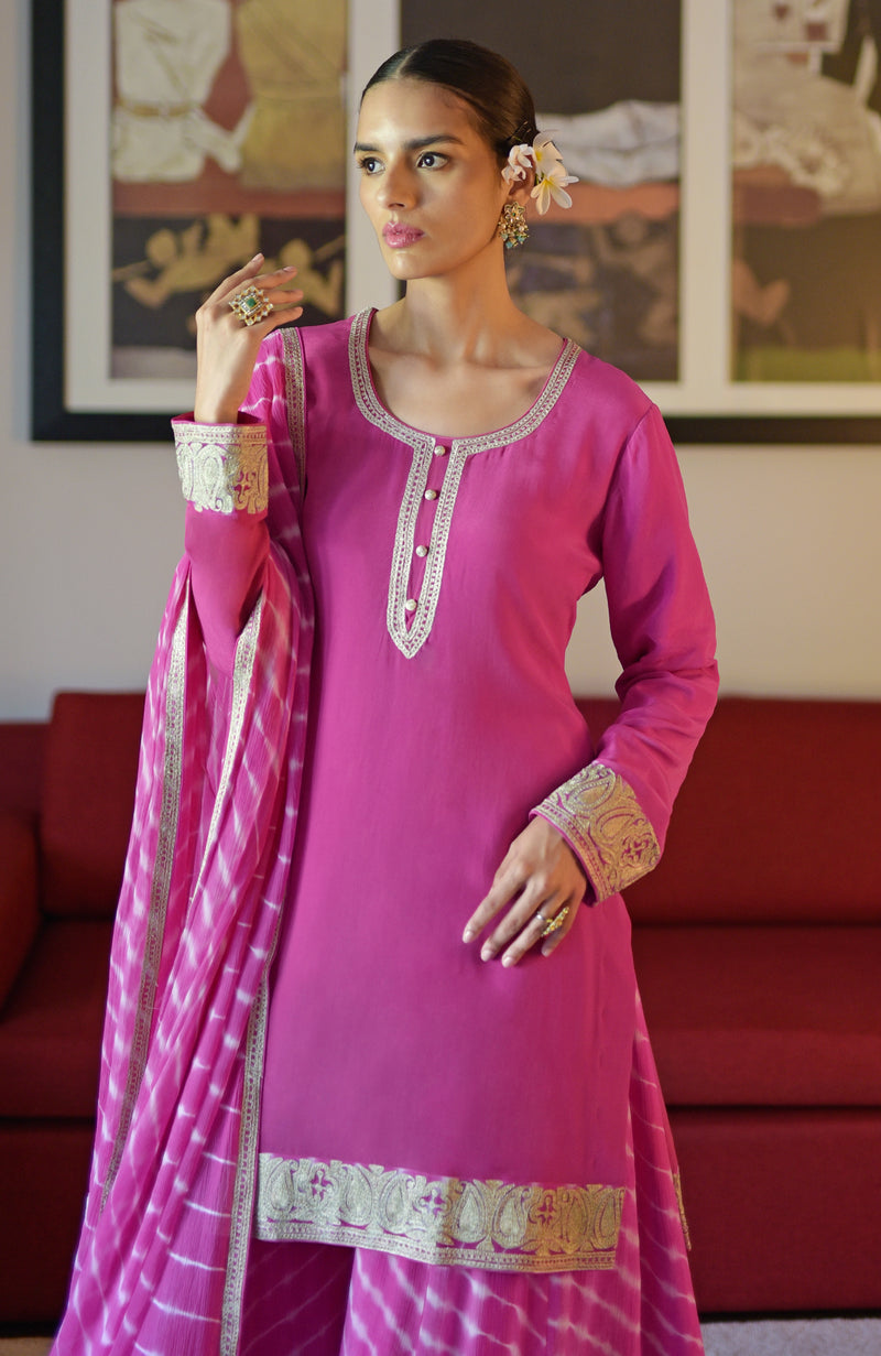 Pink Leheriya Handcrafted Tie Dye & Kashmiri Tilla Sharara Set