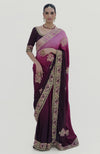 Wine-Pink Ombre Kashidakari Embroidered Saree Set