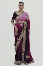 Wine-Pink Ombre Kashidakari Embroidered Saree Set