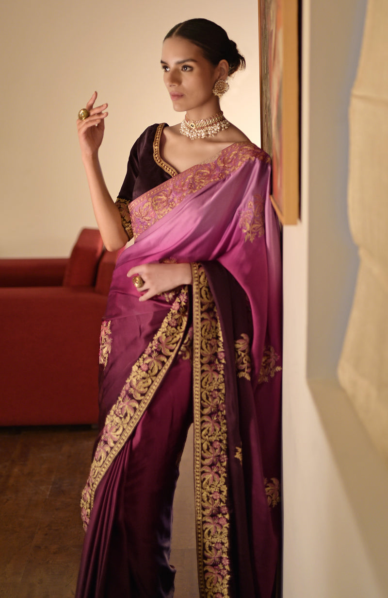 Wine-Pink Ombre Kashidakari Embroidered Saree Set