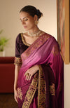 Wine-Pink Ombre Kashidakari Embroidered Saree Set