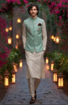 Beige Kurta Set with Mint Green Floral Embroidered Bandi Jacket