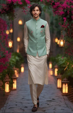 Beige Kurta Set with Mint Green Floral Embroidered Bandi Jacket