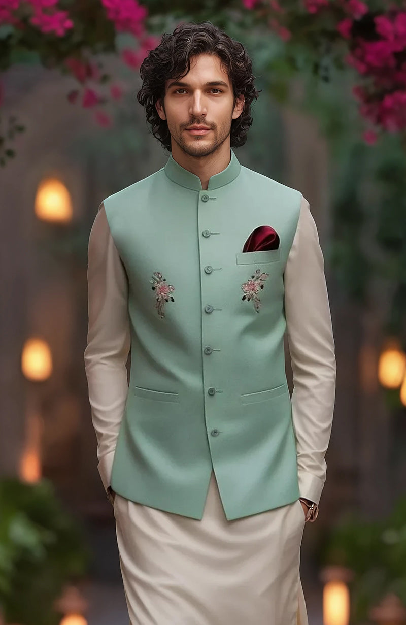 Beige Kurta Set with Mint Green Floral Embroidered Bandi Jacket