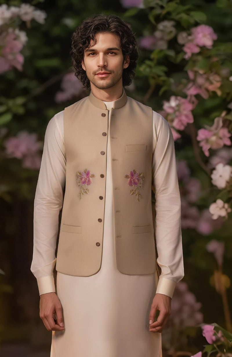 Cream Kurta Set with Beige Floral Embroidered Bandi Jacket