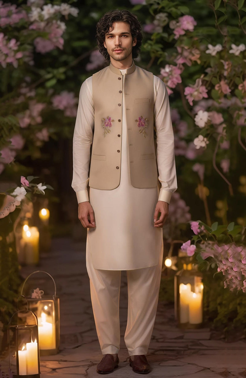 Cream Kurta Set with Beige Floral Embroidered Bandi Jacket