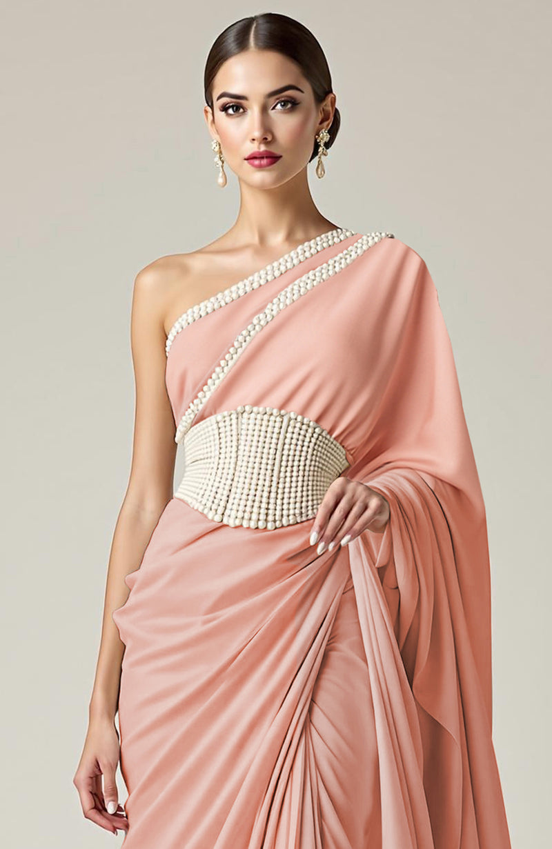 Greek Goddess Blush Pink one-shoulder Pearl Beaded Draped Saree Gown