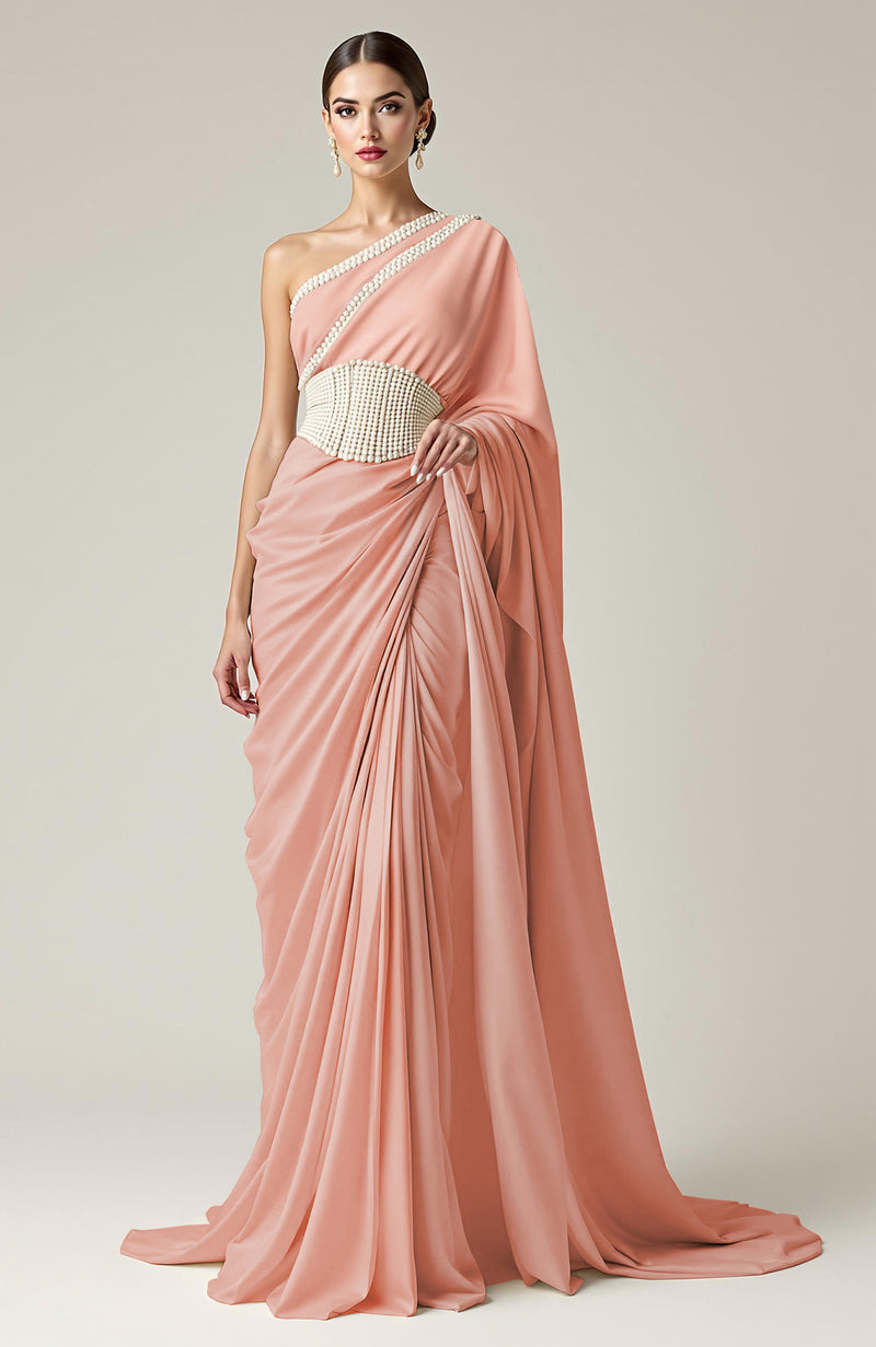 Greek Goddess Powder Blue one-shoulder Pearl Beaded Draped Saree Gown