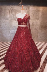 LAILA-  Wine Hand Embroidered Lehenga Set With Cape