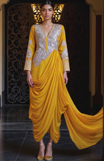 Mustard -Silver Embroidered Draped Skirt Set