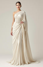 Greek Goddess Blush Pink one-shoulder Pearl Beaded Draped Saree Gown