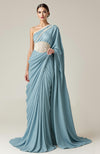 Greek Goddess Powder Blue one-shoulder Pearl Beaded Draped Saree Gown