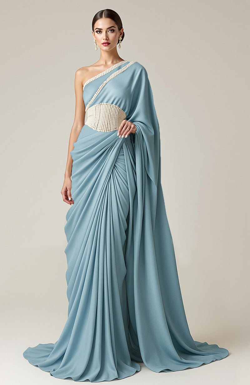 Greek Goddess Powder Blue one-shoulder Pearl Beaded Draped Saree Gown